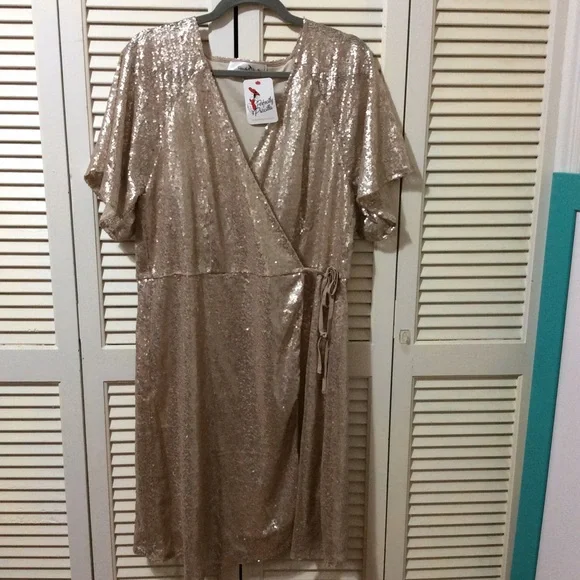 gold wrap sequin dress Rose Gold Sequin Long Sleeve Wrap Front Midi Dress main image 0